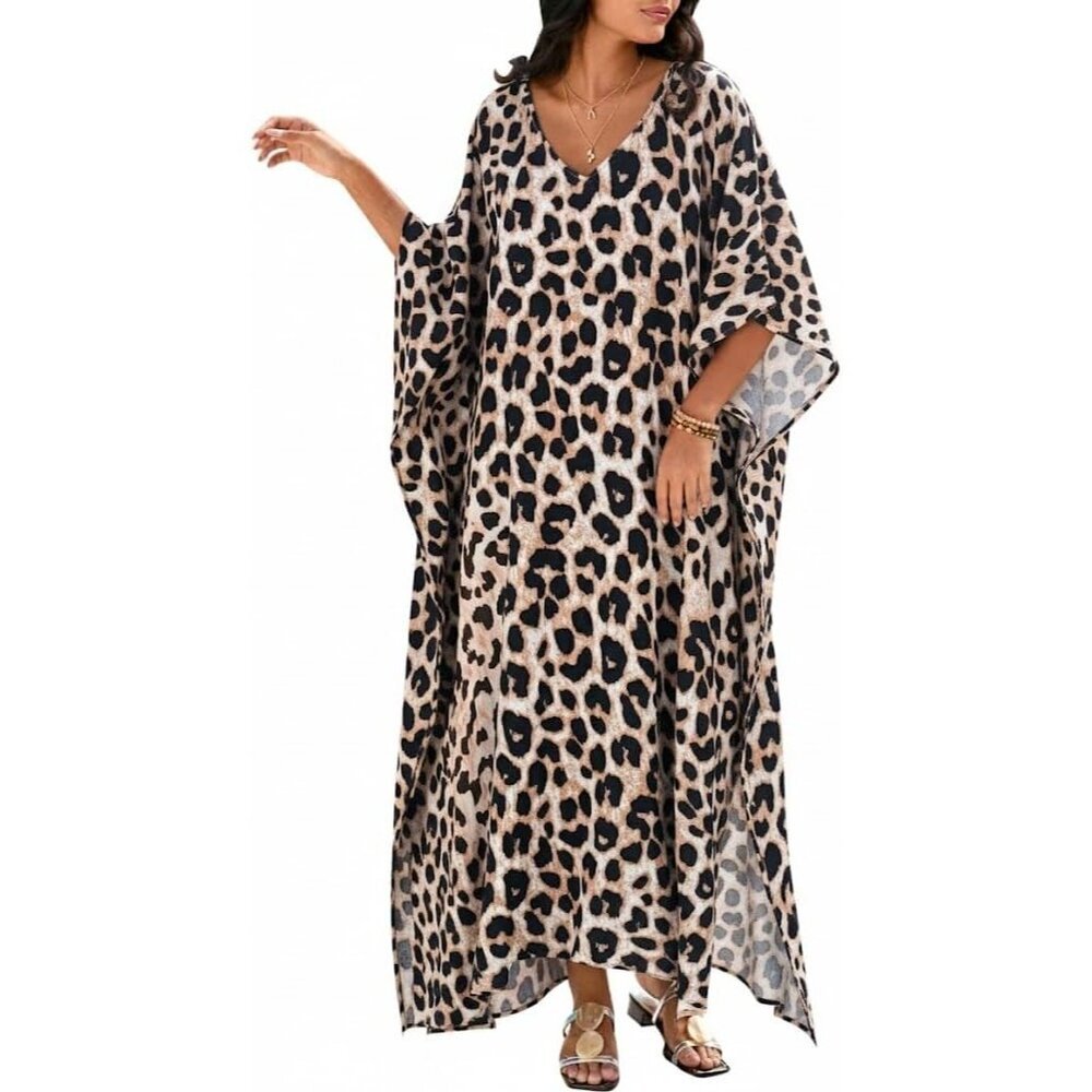 Women's Leopard 100% Polyester V Neck Summer Beach Dresses Cover Ups Caftan Maxi